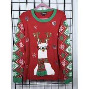 33 Degrees‎ Llama Ugly Christmas Sweater Womens L Red Sequins Holiday Scarf